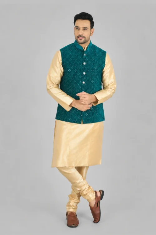 Deep Sea Green Velvet Thread Embroidered Nehru Jacket for Men