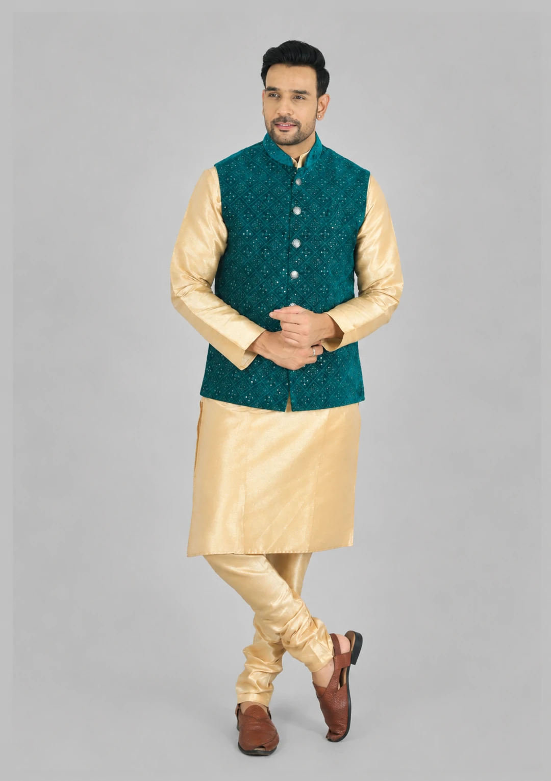 Deep Sea Green Velvet Thread Embroidered Nehru Jacket for Men
