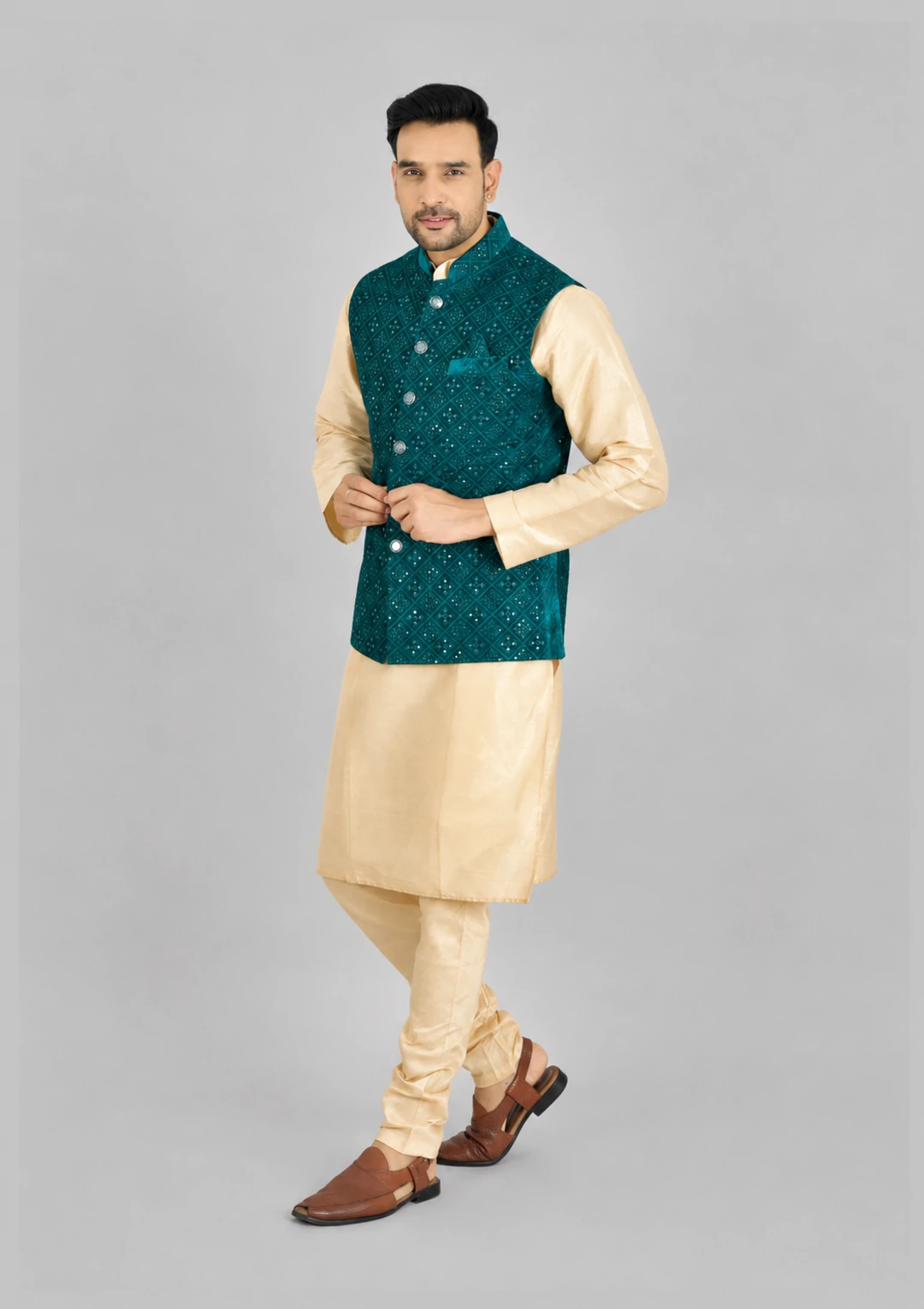 Deep Sea Green Velvet Thread Embroidered Nehru Jacket for Men - Image 2