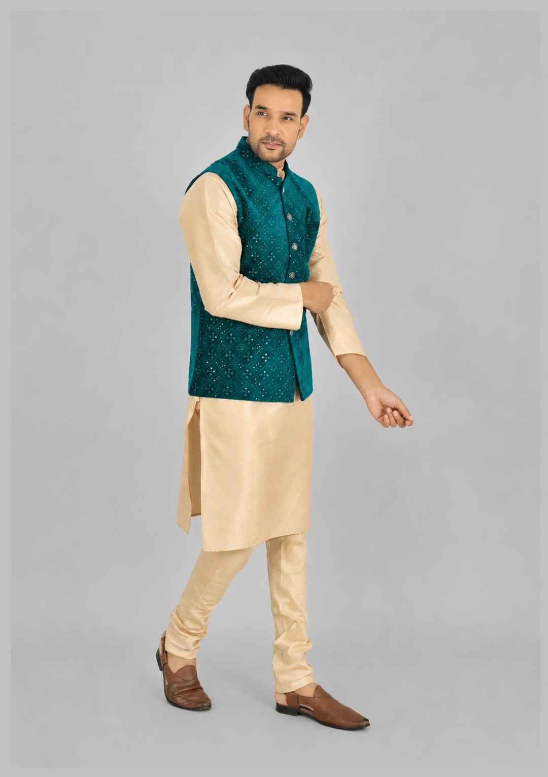 Deep Sea Green Velvet Thread Embroidered Nehru Jacket for Men - Image 3