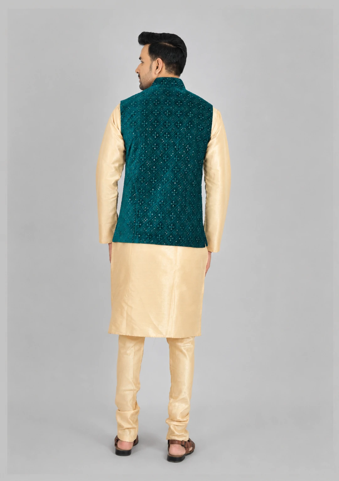 Deep Sea Green Velvet Thread Embroidered Nehru Jacket for Men - Image 4
