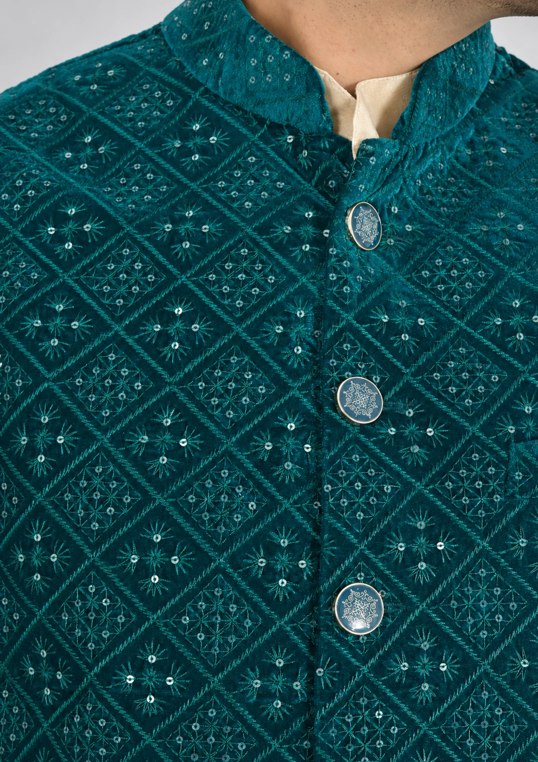 Deep Sea Green Velvet Thread Embroidered Nehru Jacket for Men - Image 5