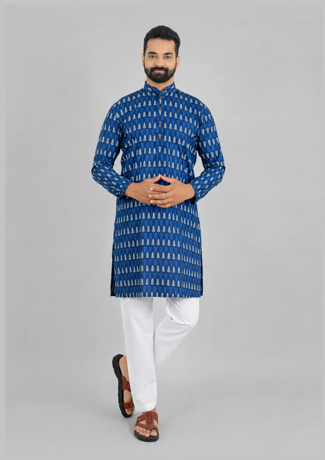 Indigo Sanganeri Block Print Cotton Kurta for Men