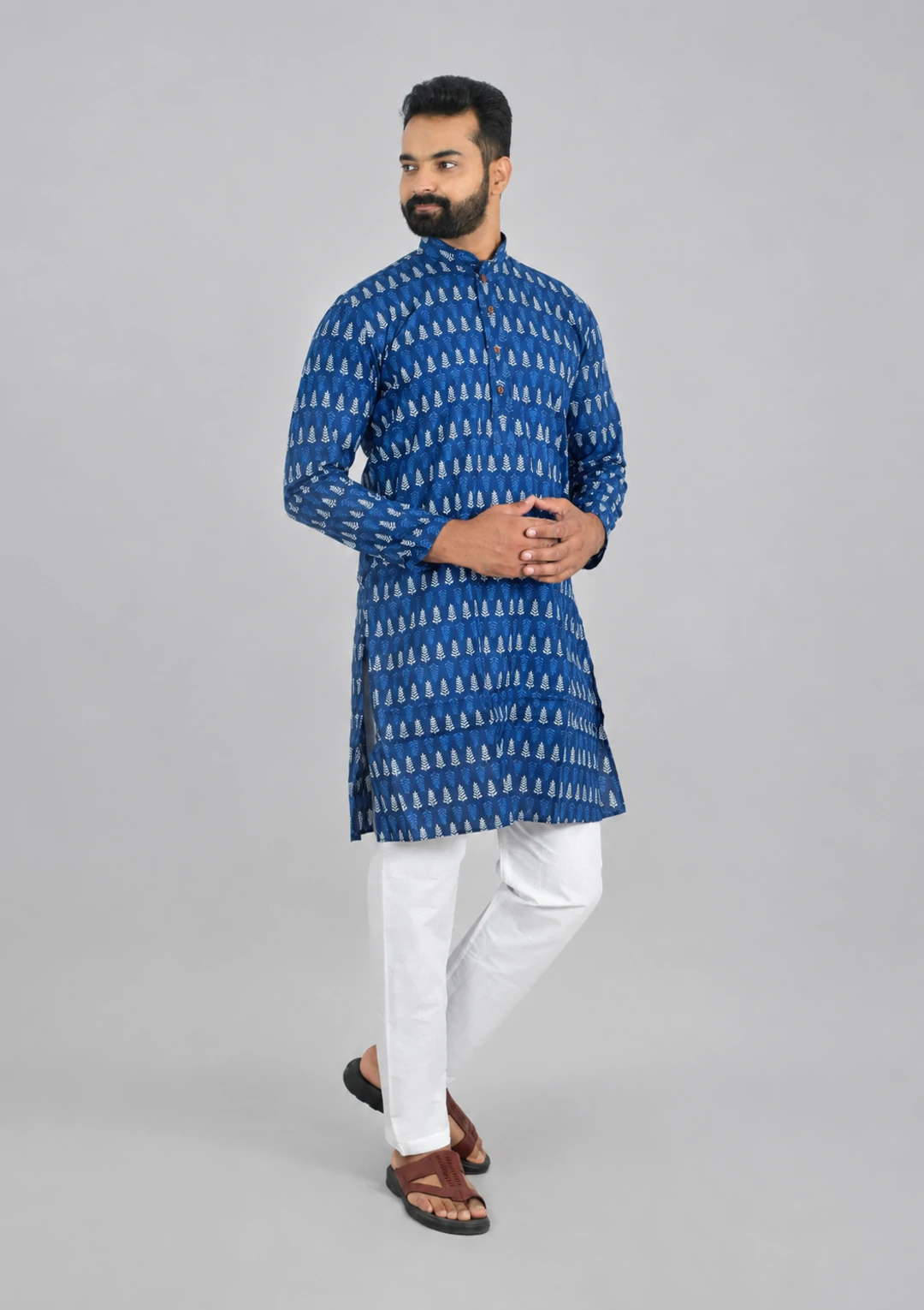Indigo Sanganeri Block Print Cotton Kurta for Men - Image 2
