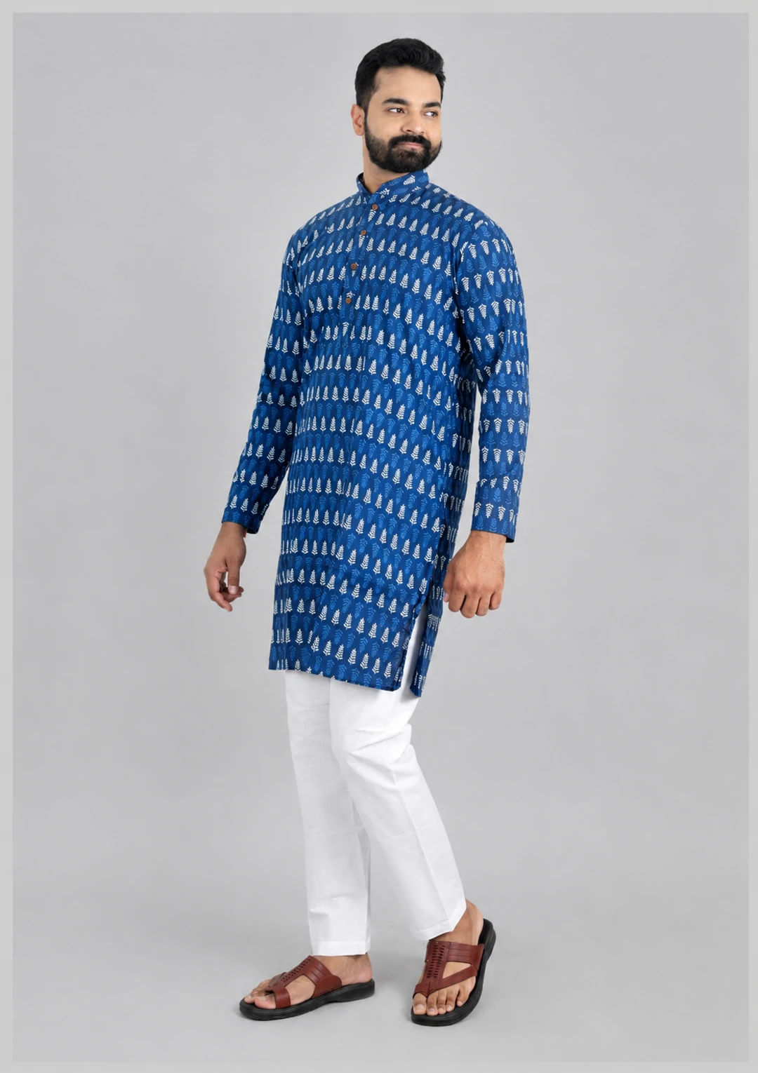 Indigo Sanganeri Block Print Cotton Kurta for Men - Image 3