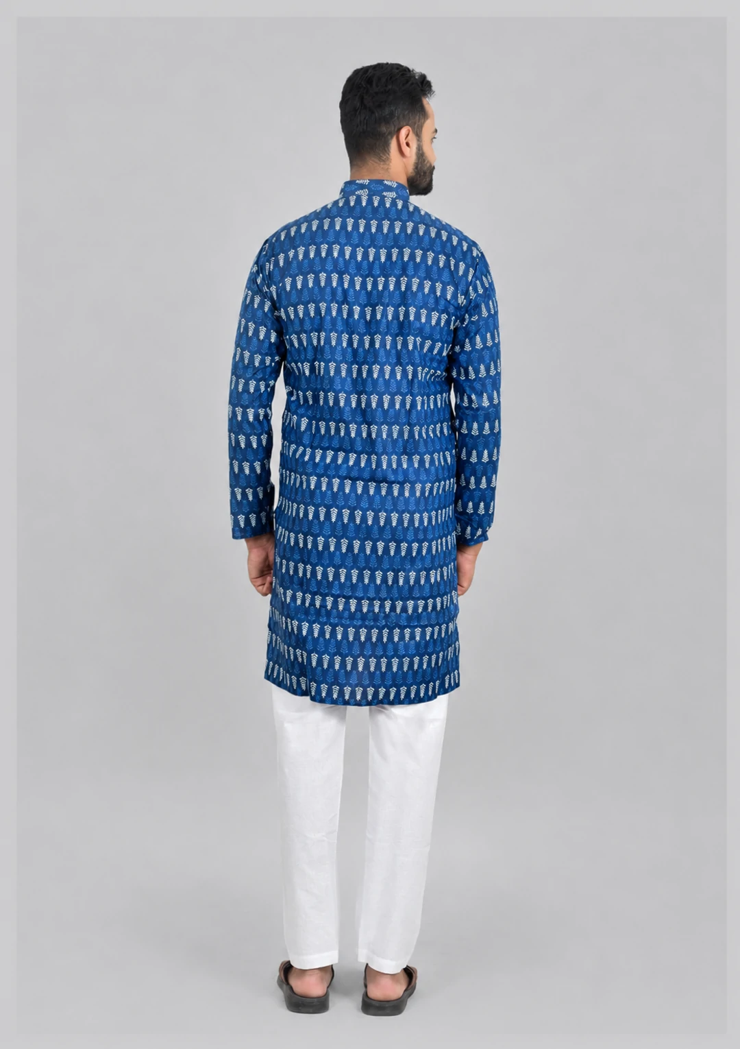 Indigo Sanganeri Block Print Cotton Kurta for Men - Image 4