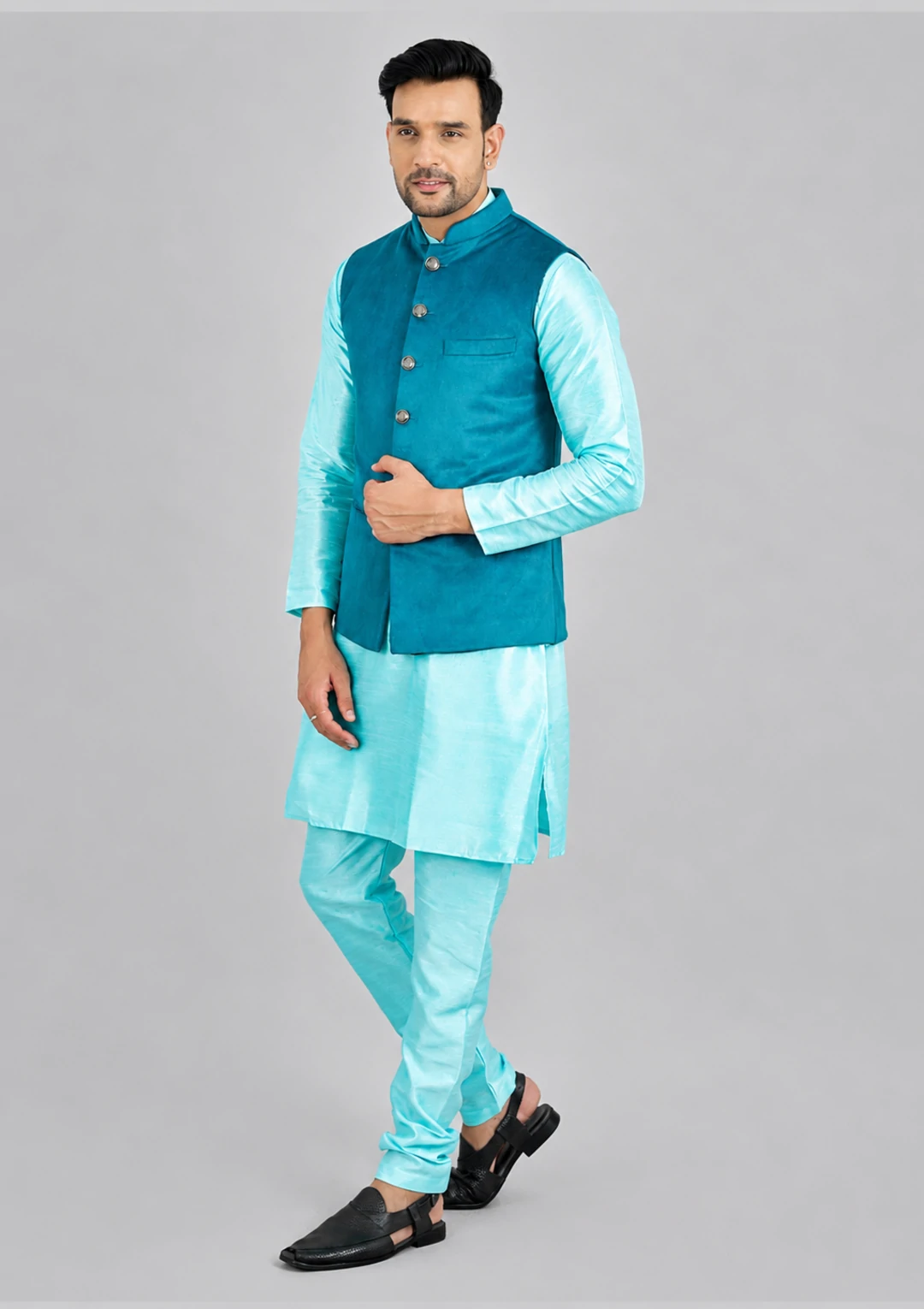 Soft Velvet Deep Sea Green Jacket for Men - Image 3