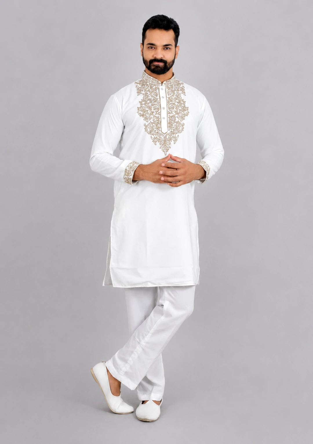 Golden Embroidered Plain White Lachka Kurta Pajama for Men