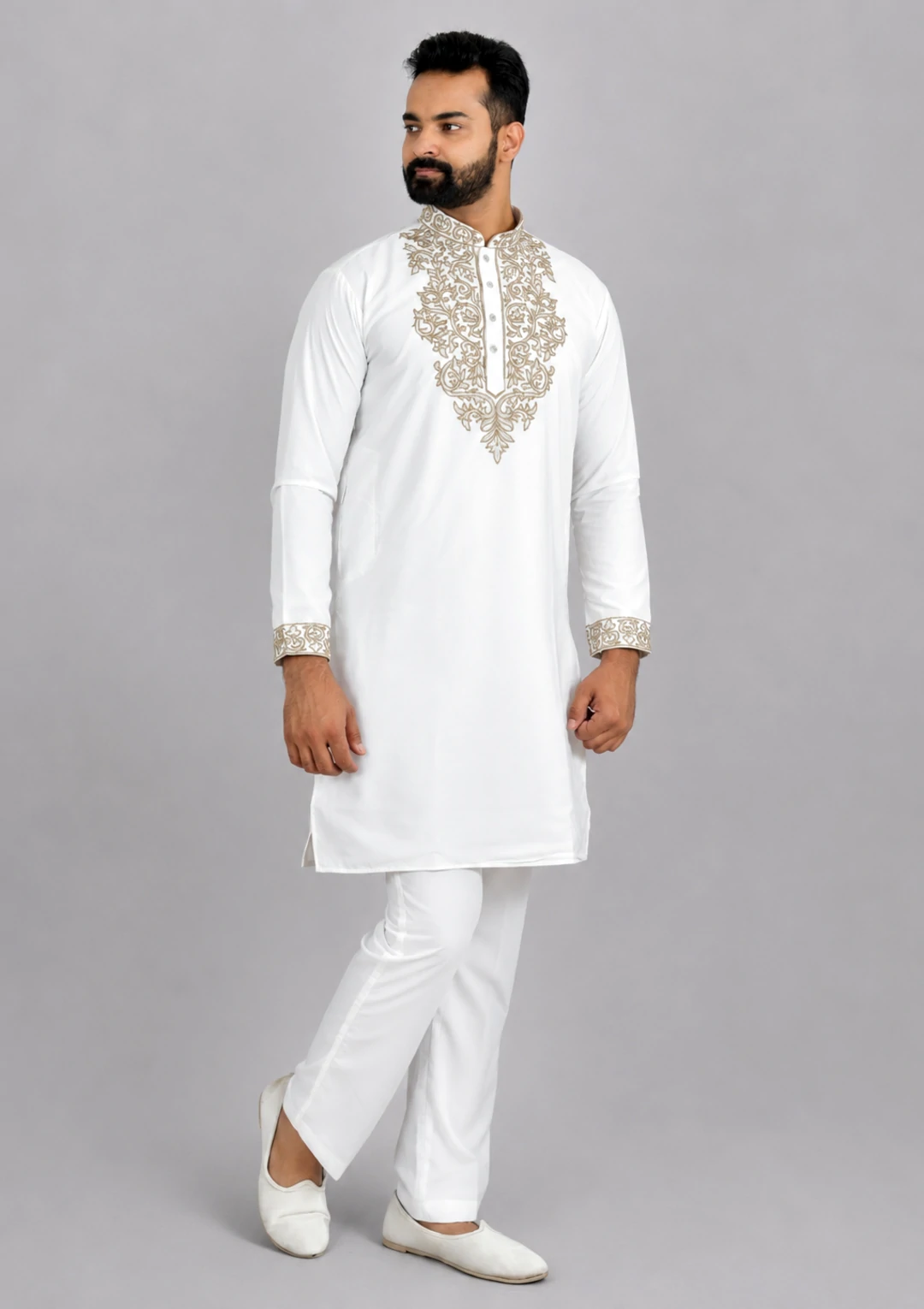 Golden Embroidered Plain White Lachka Kurta Pajama for Men - Image 2
