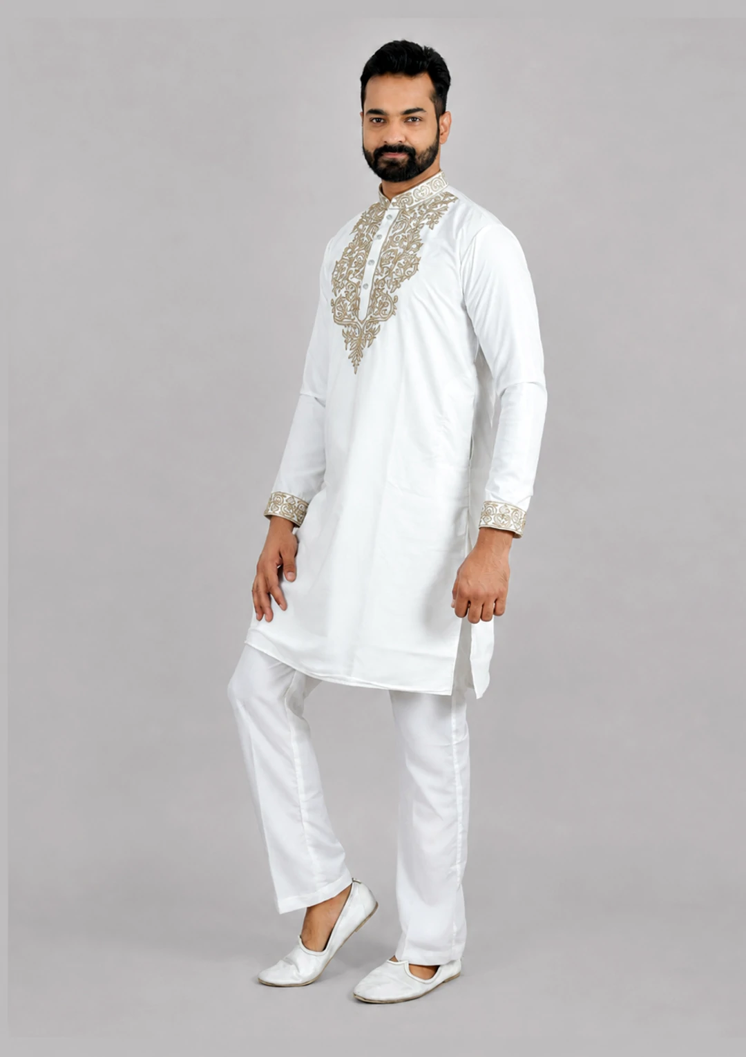 Golden Embroidered Plain White Lachka Kurta Pajama for Men - Image 4