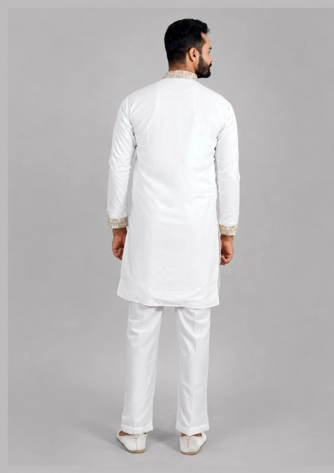 Golden Embroidered Plain White Lachka Kurta Pajama for Men - Image 3
