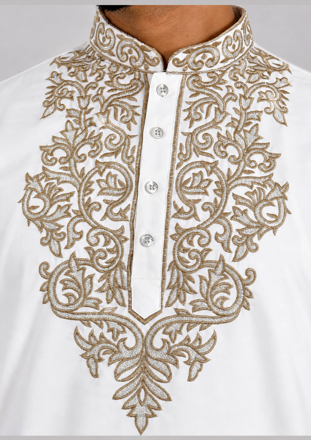 Golden Embroidered Plain White Lachka Kurta Pajama for Men - Image 6