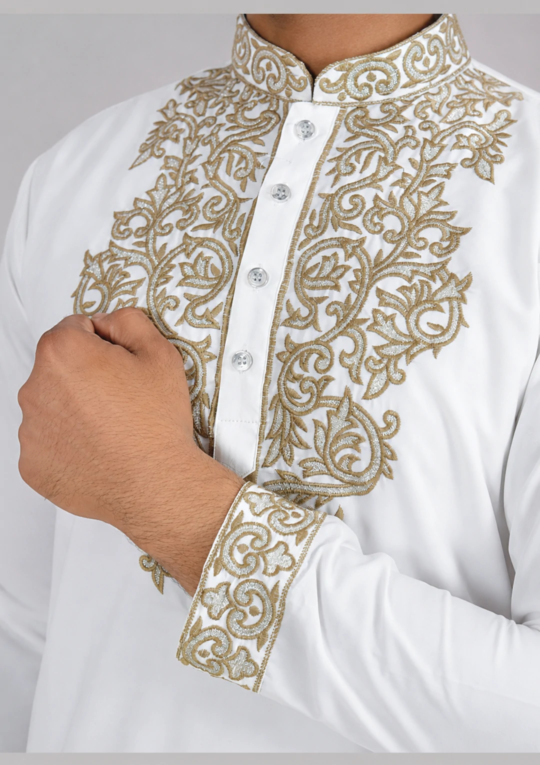 Golden Embroidered Plain White Lachka Kurta Pajama for Men - Image 5