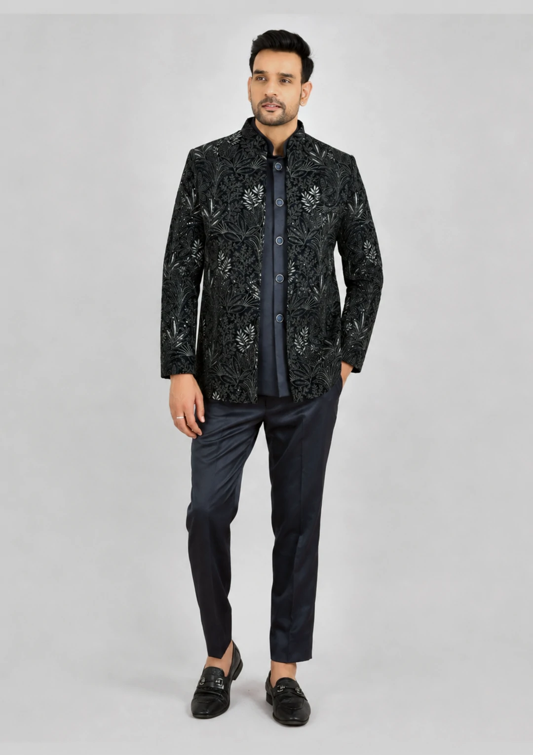 Midnight Blue Velvet Jodhpuri Jacket Suit for Men