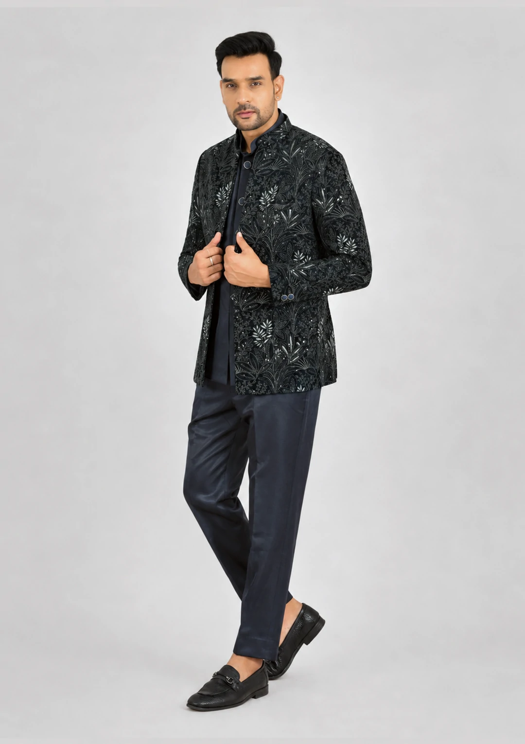 Midnight Blue Velvet Jodhpuri Jacket Suit for Men - Image 3