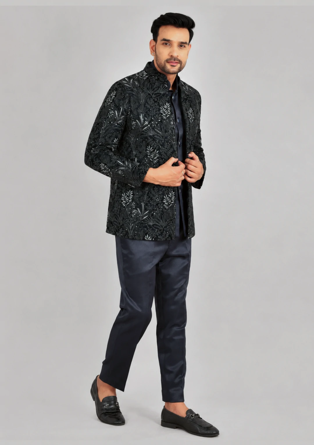Midnight Blue Velvet Jodhpuri Jacket Suit for Men - Image 2