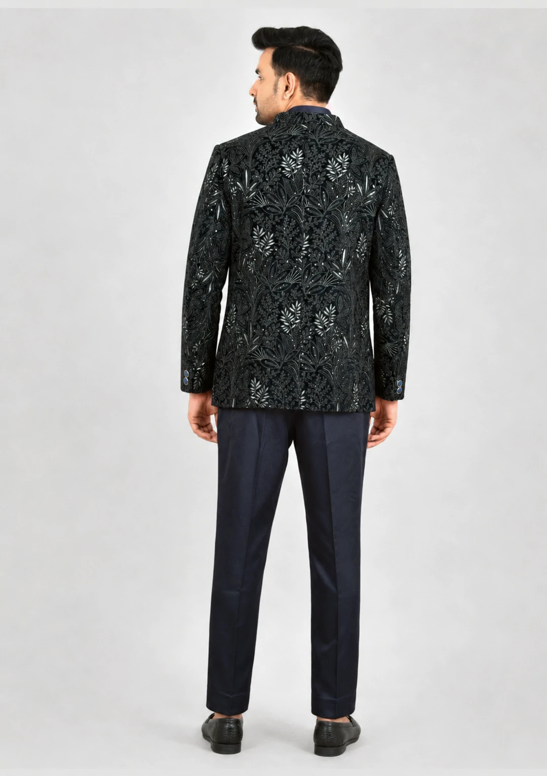 Midnight Blue Velvet Jodhpuri Jacket Suit for Men - Image 4