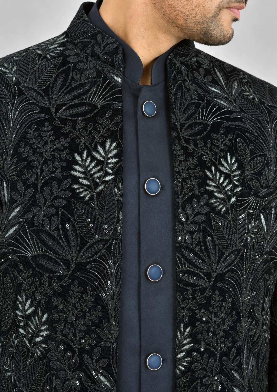 Midnight Blue Velvet Jodhpuri Jacket Suit for Men - Image 5
