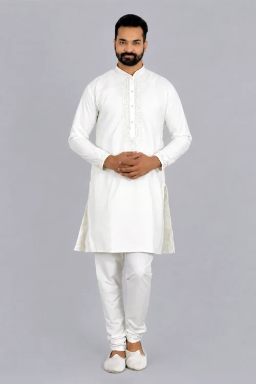 Off White Bead Work Kurta Pant Pajama For Men