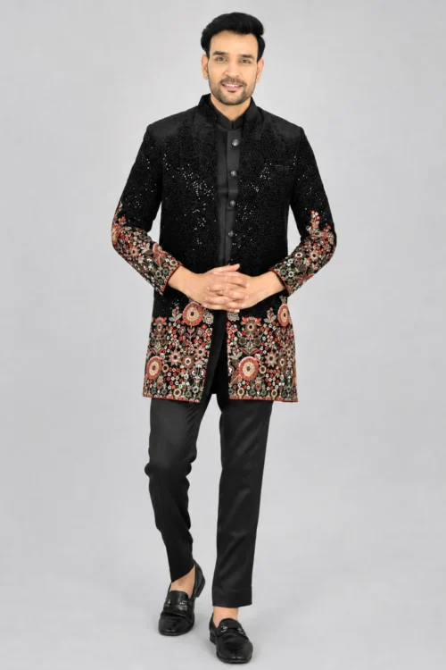 Floral Design Jet Black Indo Western Jacket for Men
