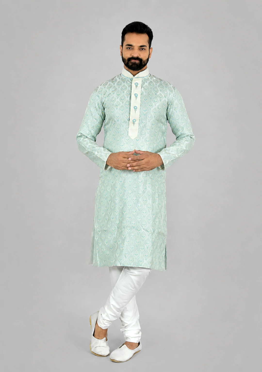 Ice Blue Brocade Hand Work Kurta Pajama for Men