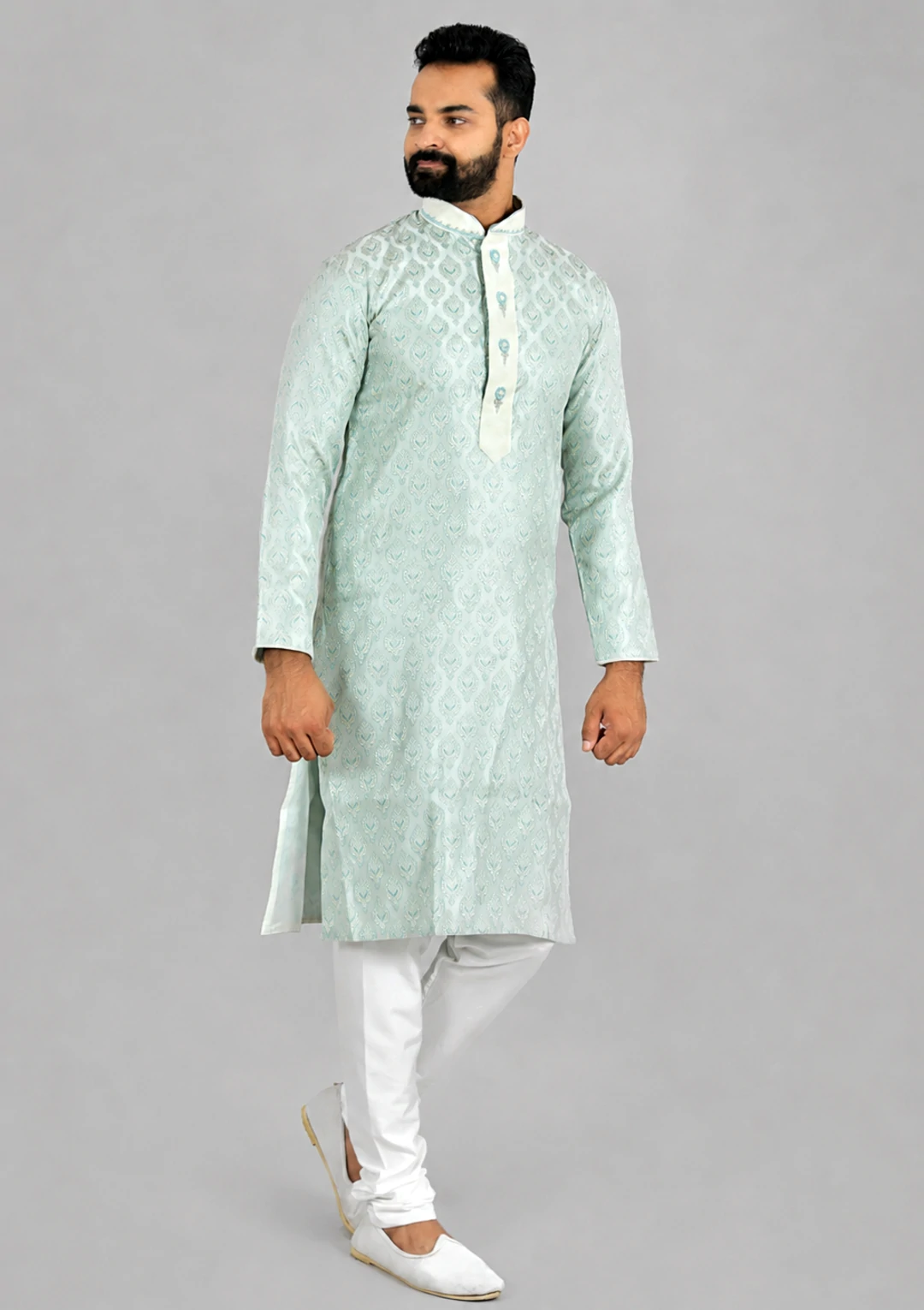 Ice Blue Brocade Hand Work Kurta Pajama for Men - Image 2