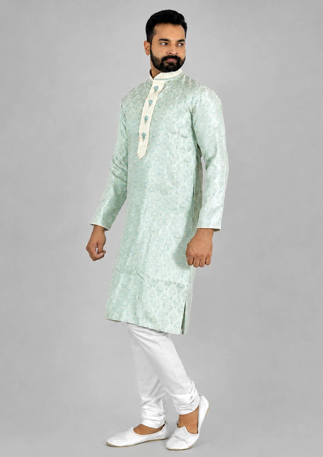 Ice Blue Brocade Hand Work Kurta Pajama for Men - Image 4