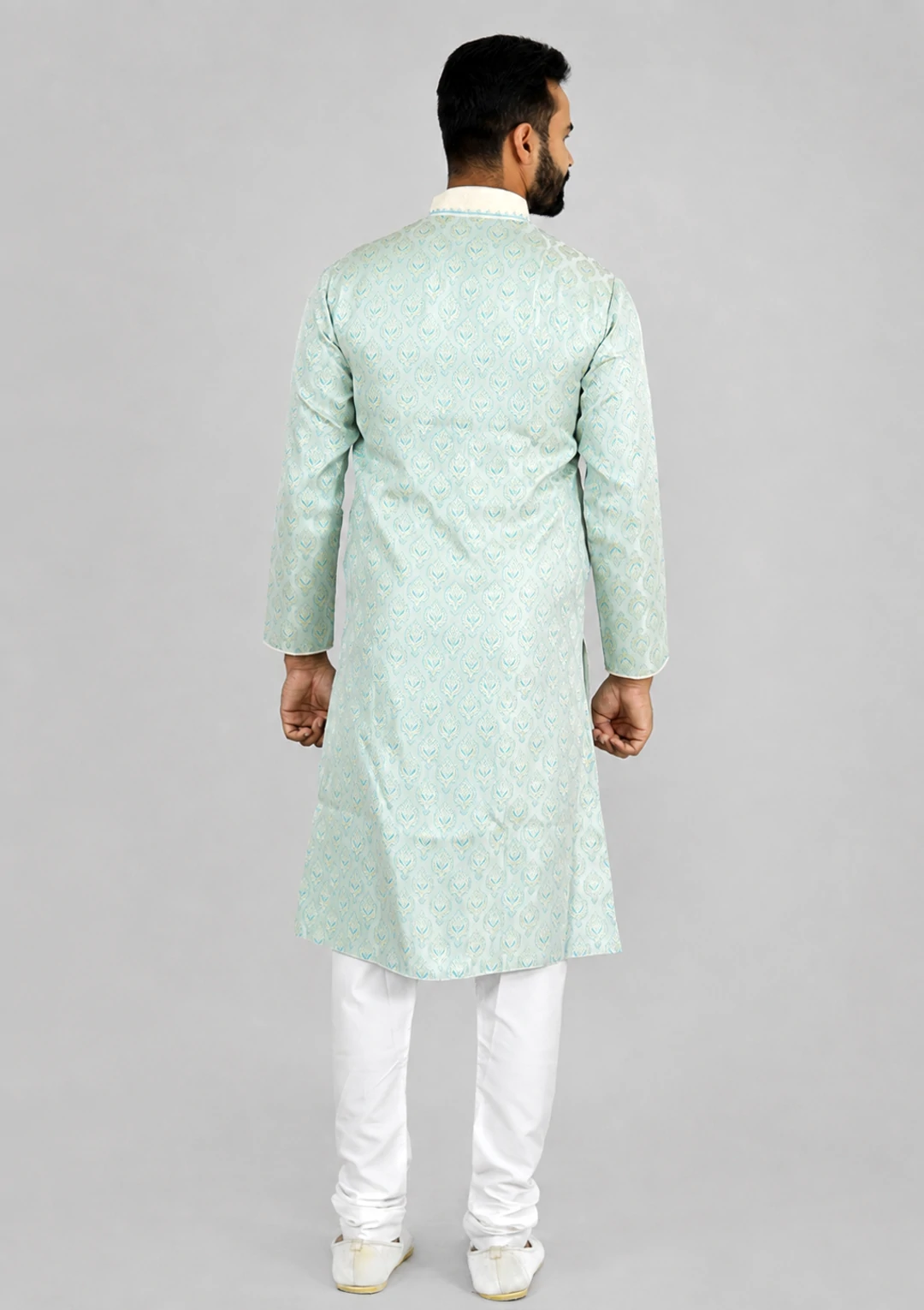 Ice Blue Brocade Hand Work Kurta Pajama for Men - Image 3