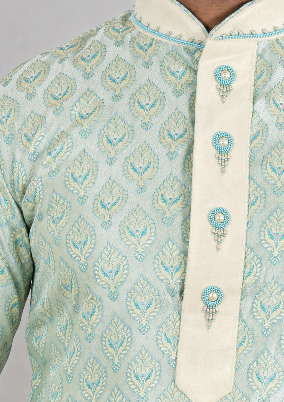 Ice Blue Brocade Hand Work Kurta Pajama for Men - Image 6