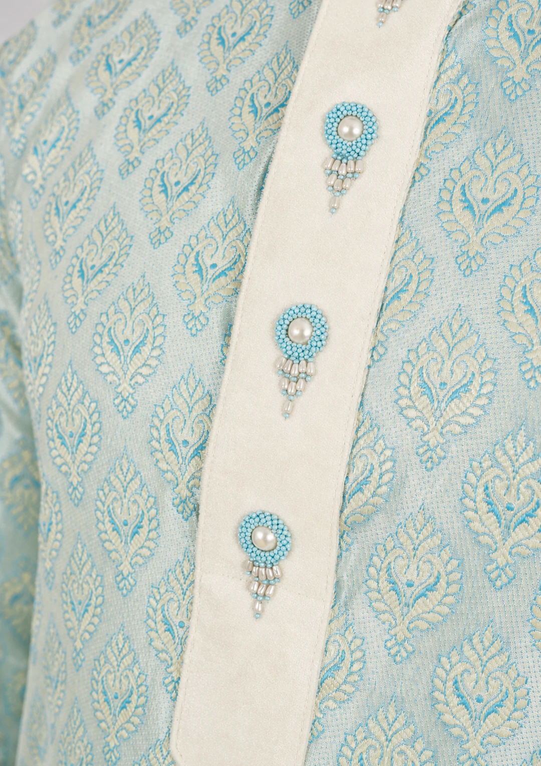 Ice Blue Brocade Hand Work Kurta Pajama for Men - Image 5