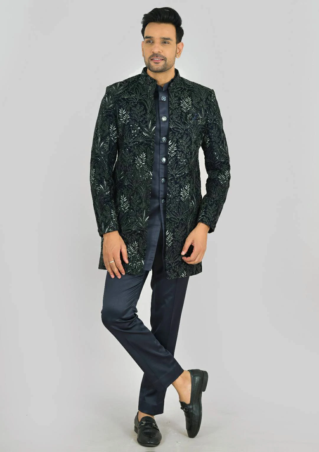 Midnight Blue Velvet Indo Western Jacket - Image 2