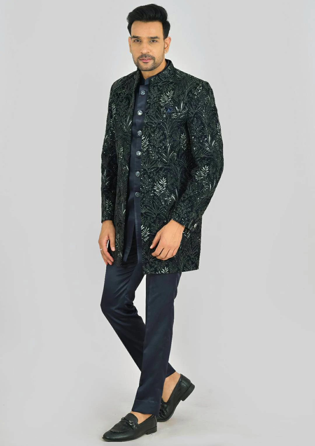 Midnight Blue Velvet Indo Western Jacket - Image 4