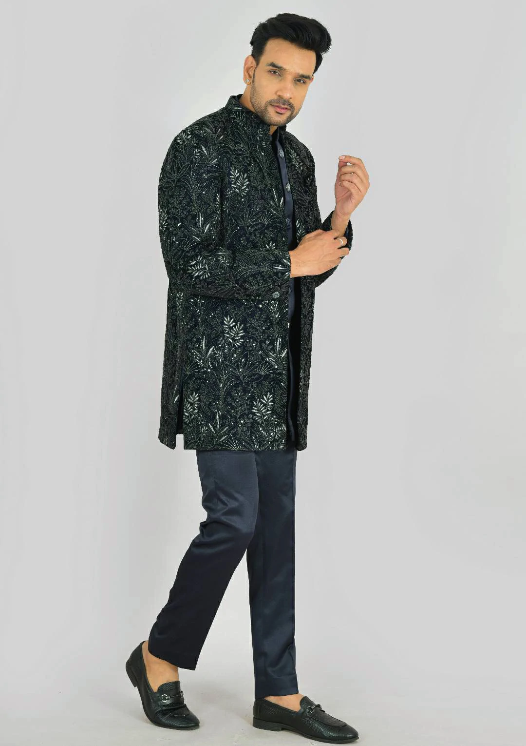 Midnight Blue Velvet Indo Western Jacket - Image 3