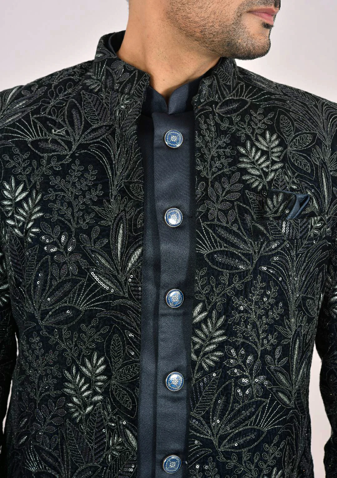 Midnight Blue Velvet Indo Western Jacket - Image 6