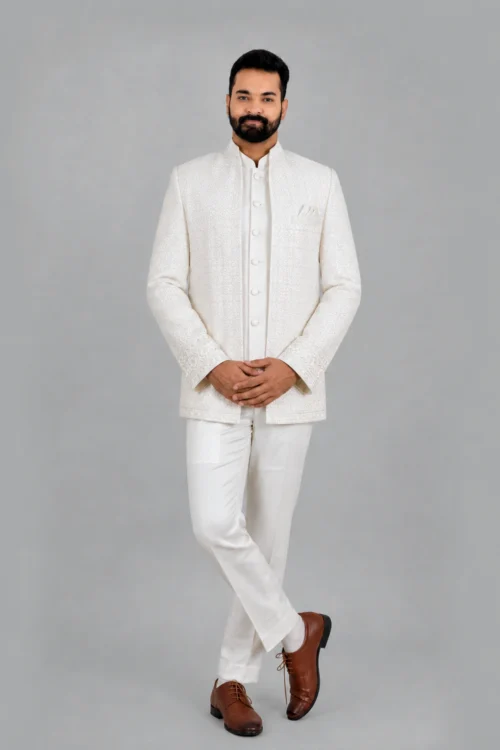 Ivory Textured Wedding Bandhgala Jodhpuri Jacket Suit for Men