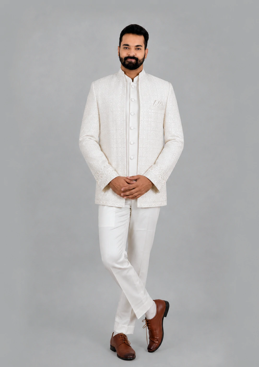 Ivory Textured Wedding Bandhgala Jodhpuri Jacket Suit for Men