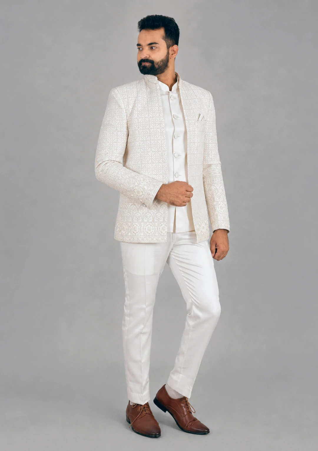 Ivory Textured Wedding Bandhgala Jodhpuri Jacket Suit for Men - Image 2