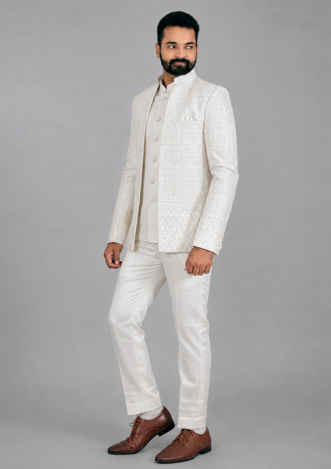 Ivory Textured Wedding Bandhgala Jodhpuri Jacket Suit for Men - Image 3