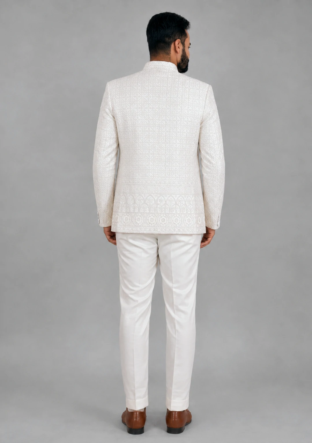 Ivory Textured Wedding Bandhgala Jodhpuri Jacket Suit for Men - Image 4