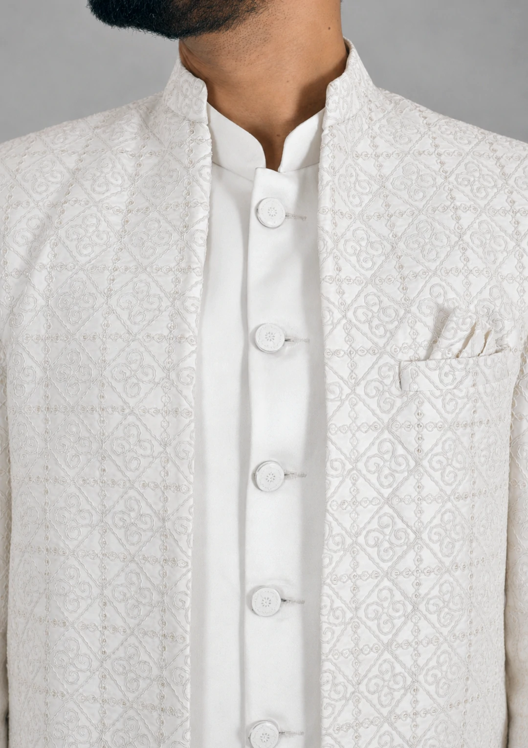 Ivory Textured Wedding Bandhgala Jodhpuri Jacket Suit for Men - Image 5