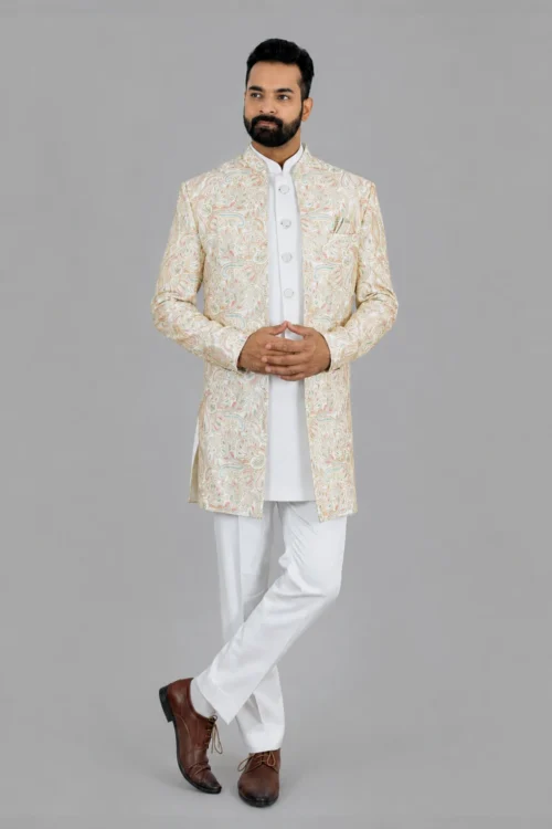 Multi Color Embroidered Ivory Indo Western Jacket