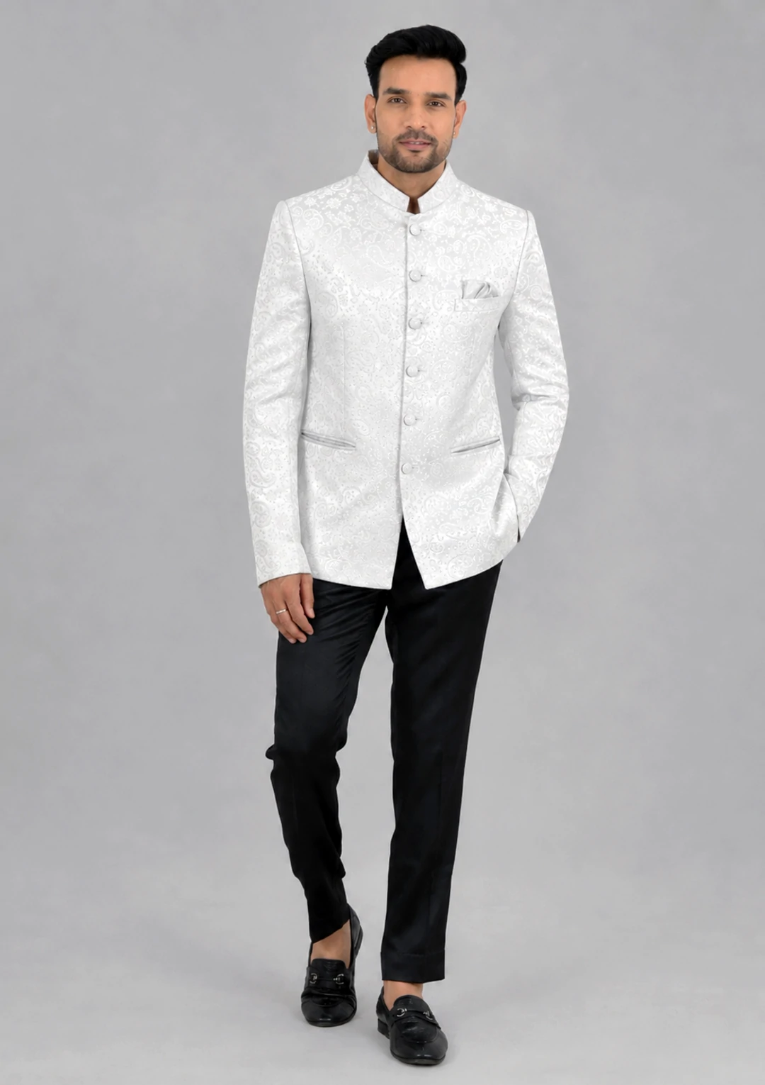 Solid White Jacquard Fabric Jodhpuri Coat - Image 2
