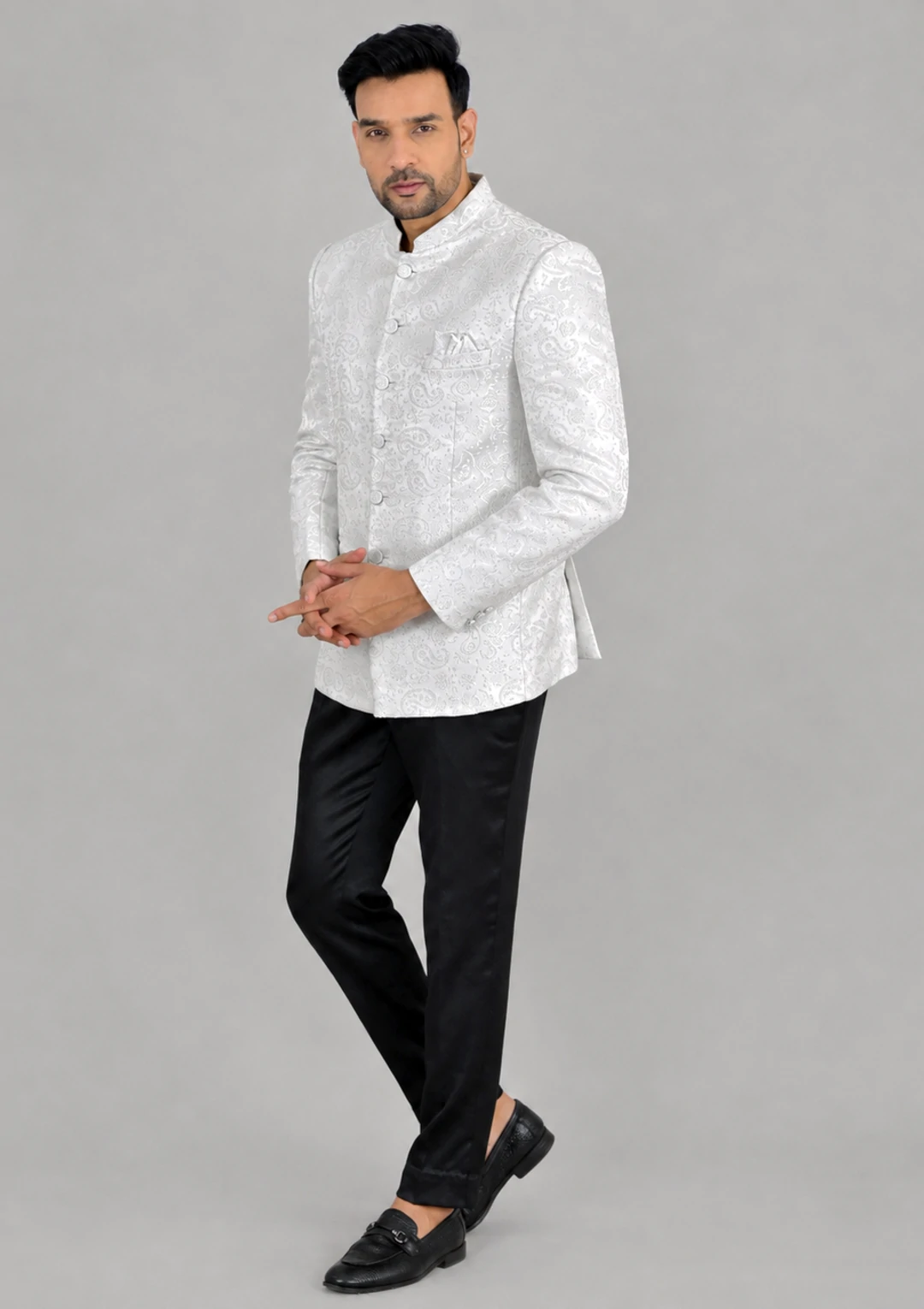 Solid White Jacquard Fabric Jodhpuri Coat - Image 3