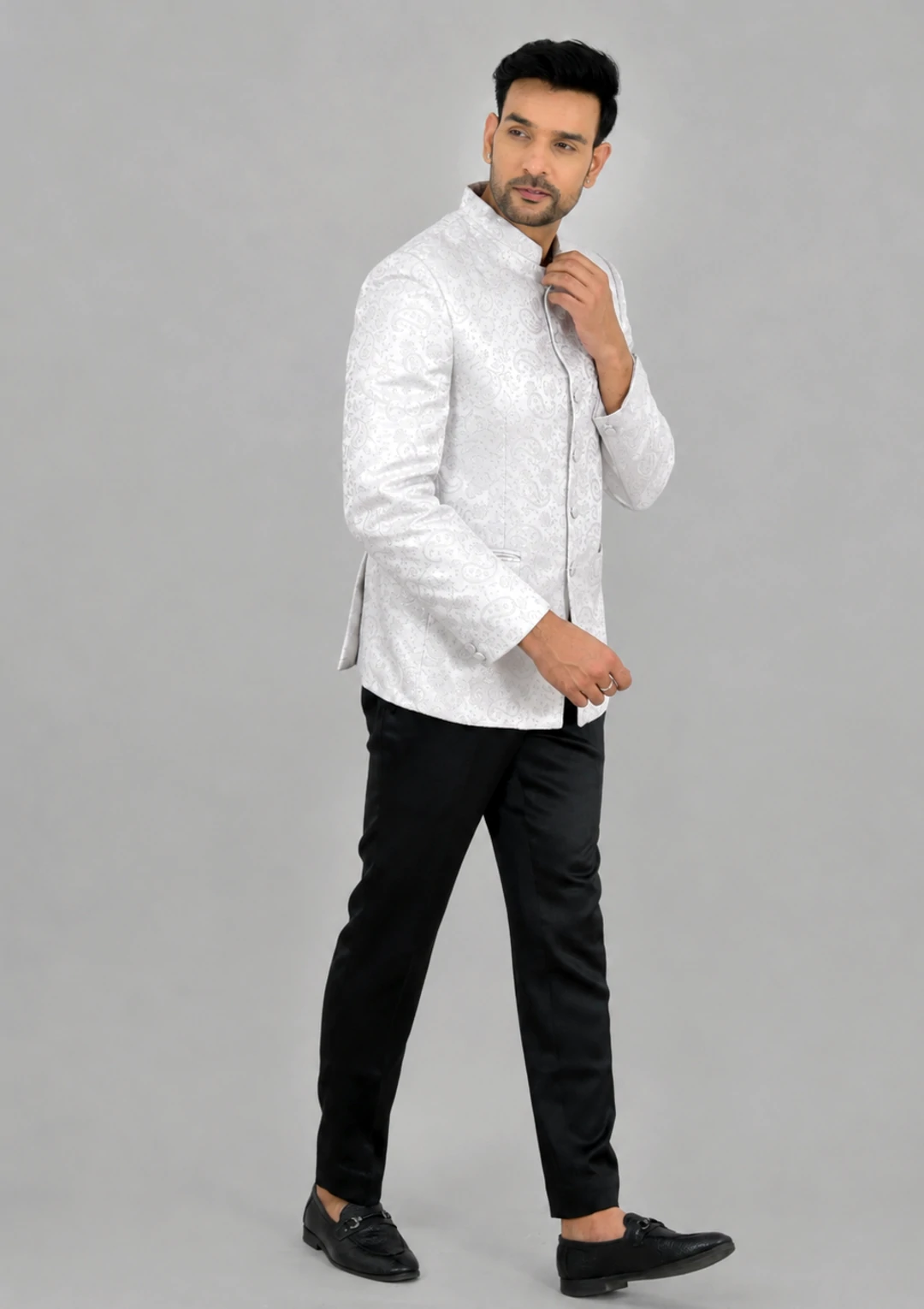 Solid White Jacquard Fabric Jodhpuri Coat - Image 4