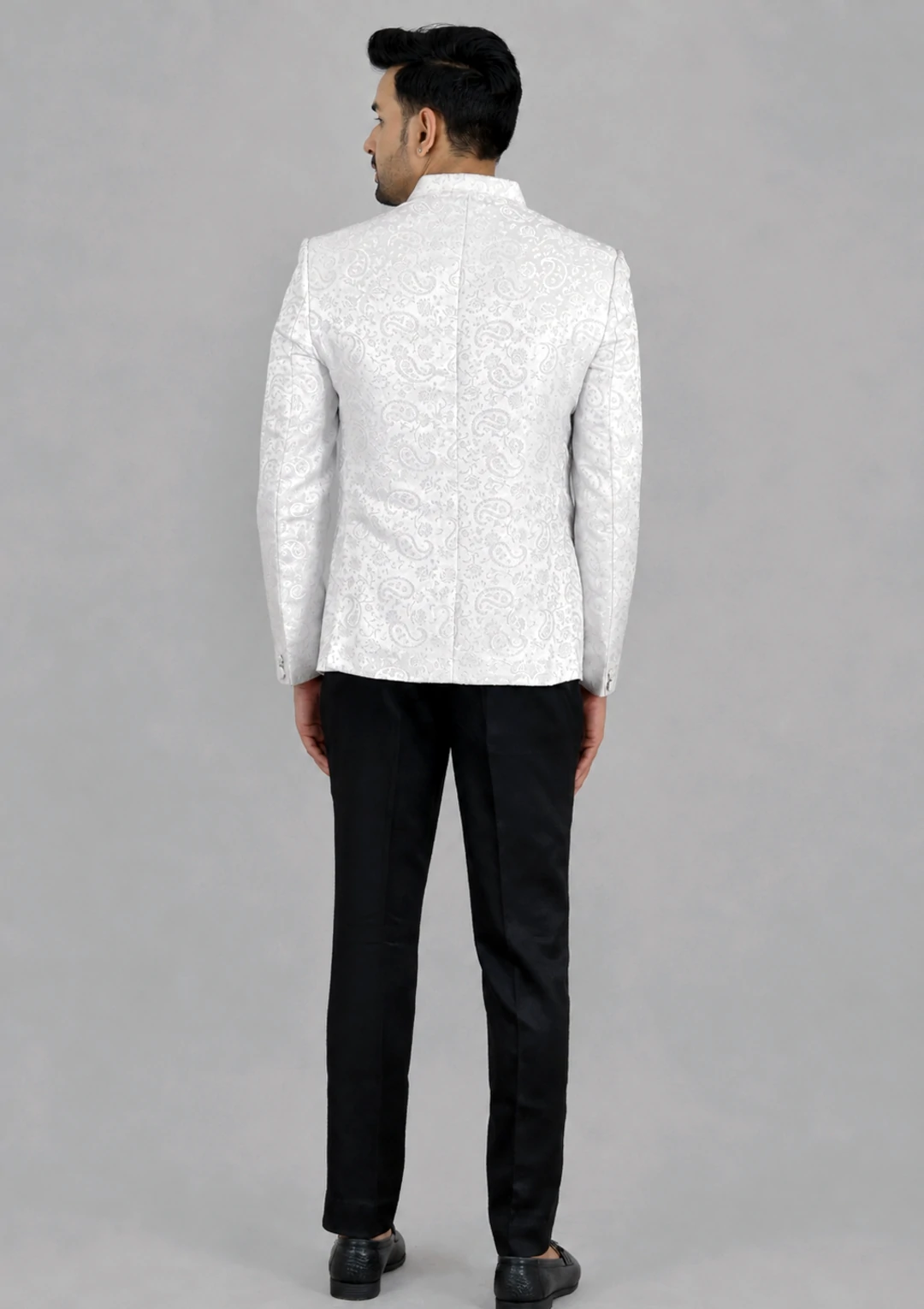 Solid White Jacquard Fabric Jodhpuri Coat - Image 5