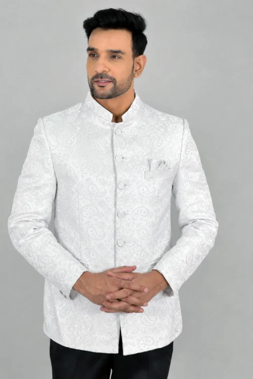 Solid White Jacquard Fabric Jodhpuri Coat