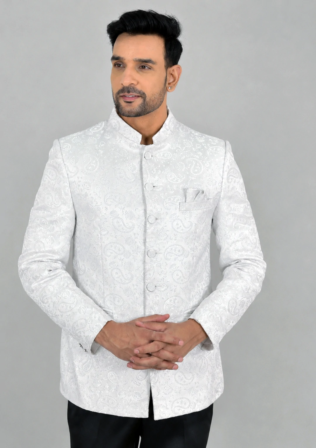 Solid White Jacquard Fabric Jodhpuri Coat