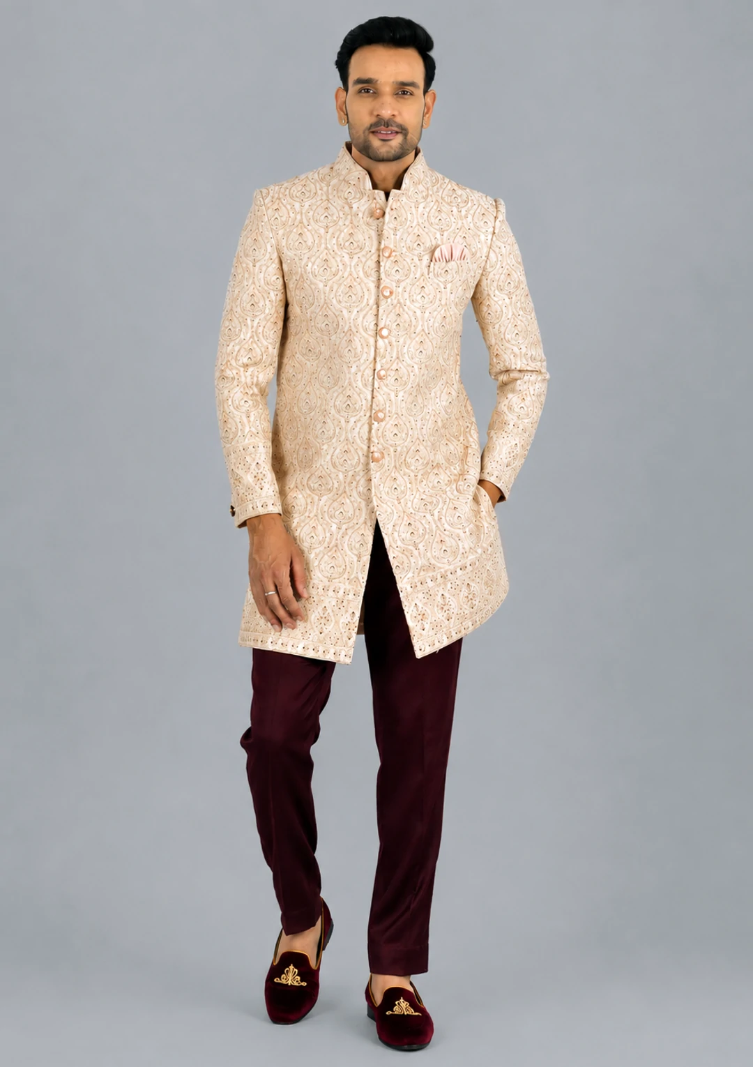 Soft Blush Red Embroidered Jodhpuri Jacket Suit for Men
