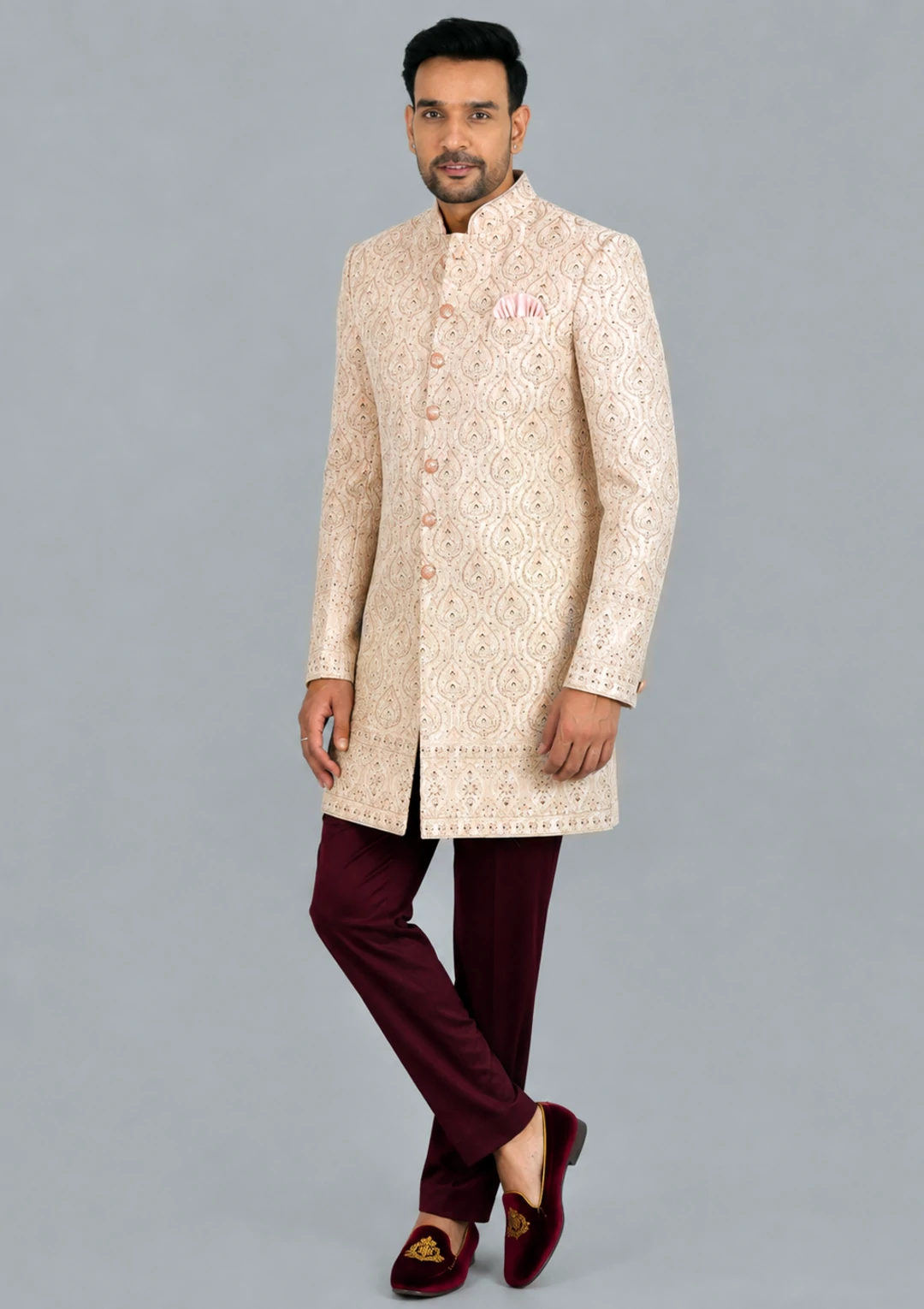 Soft Blush Red Embroidered Jodhpuri Jacket Suit for Men - Image 3