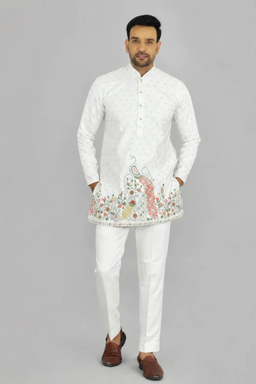 Men’s White Embroidered Fancy Short Kurta Pajama